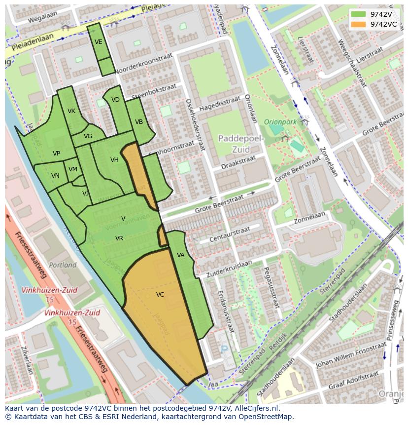 Afbeelding van het postcodegebied 9742 VC op de kaart.