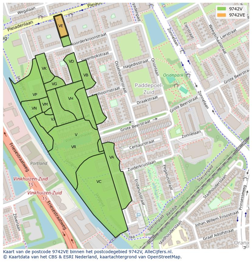 Afbeelding van het postcodegebied 9742 VE op de kaart.