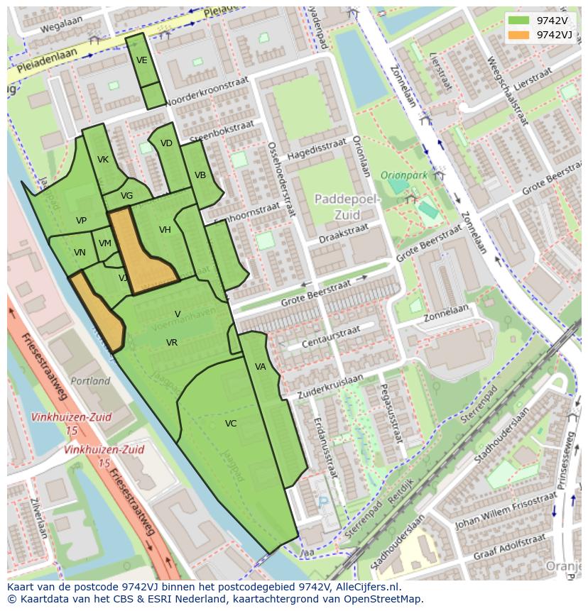 Afbeelding van het postcodegebied 9742 VJ op de kaart.