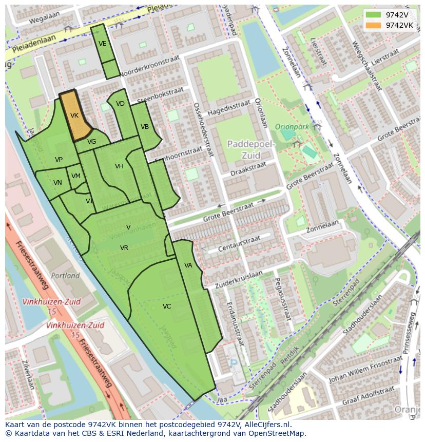 Afbeelding van het postcodegebied 9742 VK op de kaart.