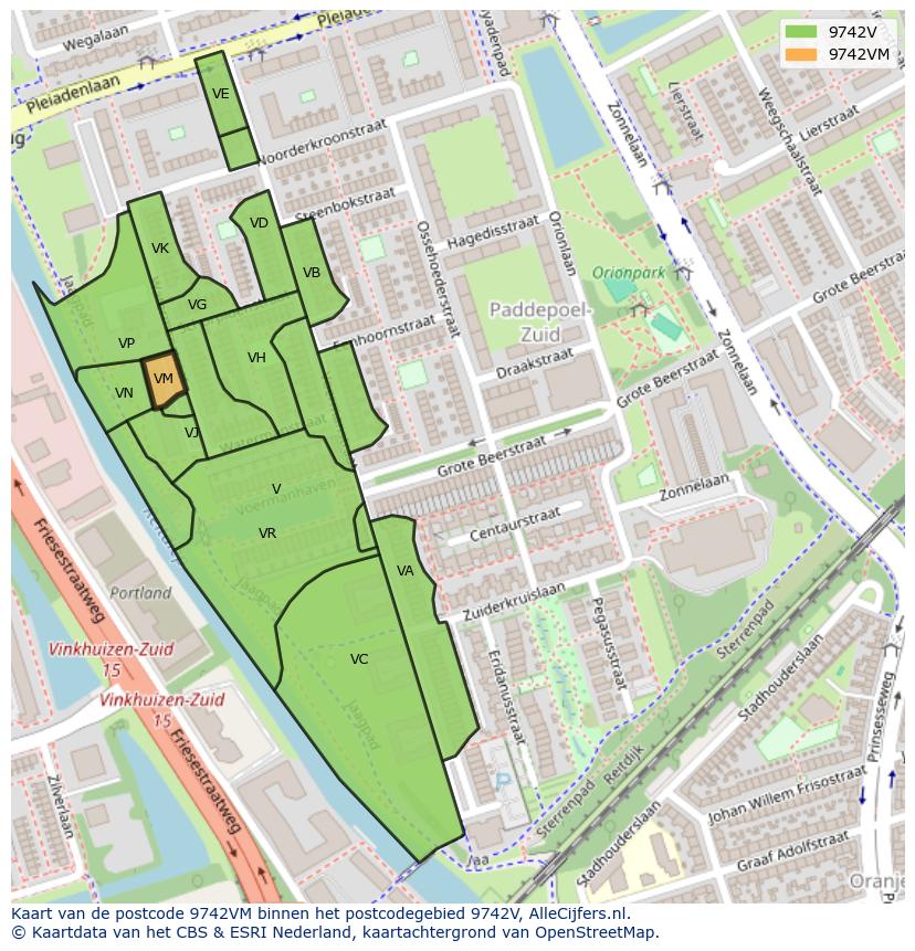 Afbeelding van het postcodegebied 9742 VM op de kaart.