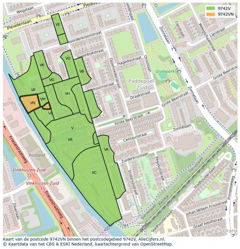 Afbeelding van het postcodegebied 9742 VN op de kaart.