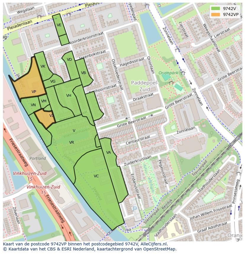 Afbeelding van het postcodegebied 9742 VP op de kaart.