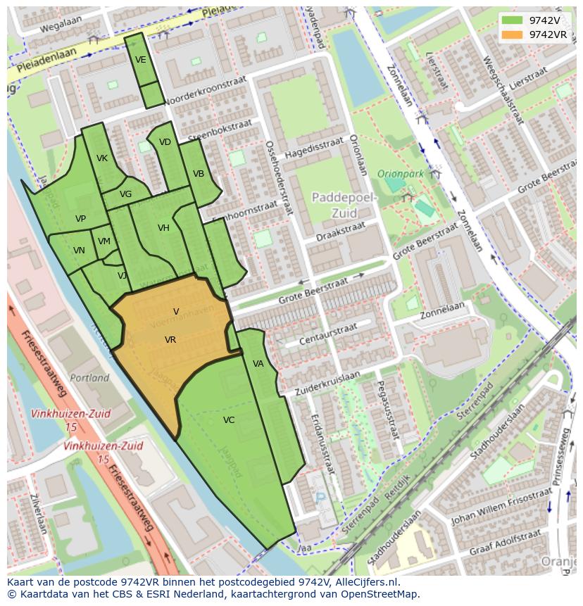 Afbeelding van het postcodegebied 9742 VR op de kaart.