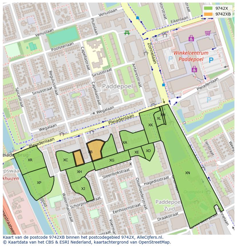 Afbeelding van het postcodegebied 9742 XB op de kaart.