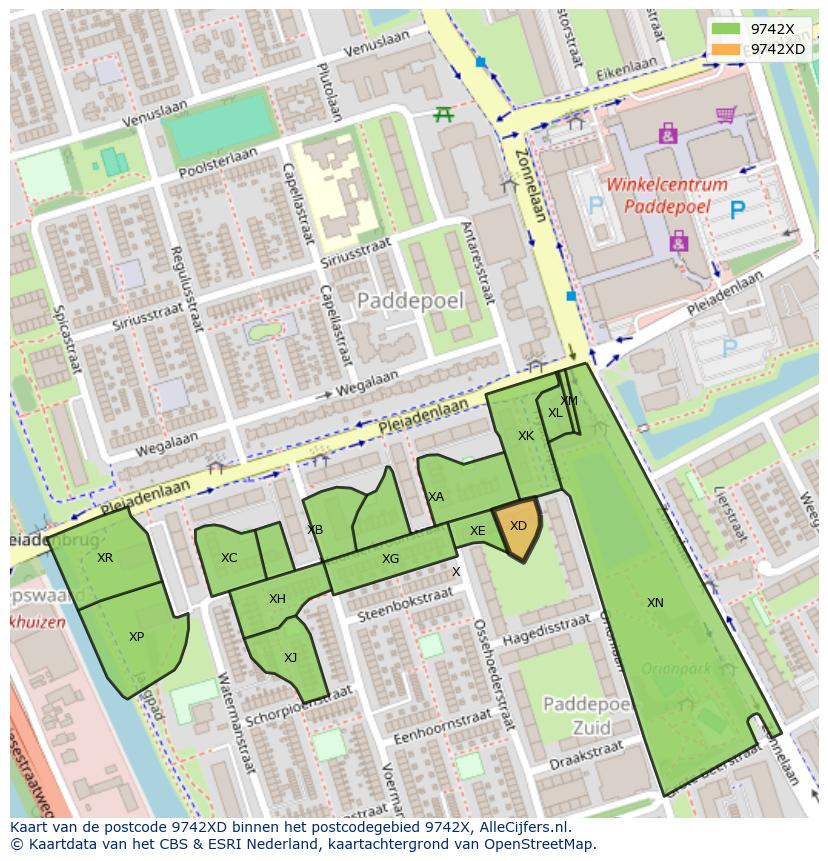 Afbeelding van het postcodegebied 9742 XD op de kaart.