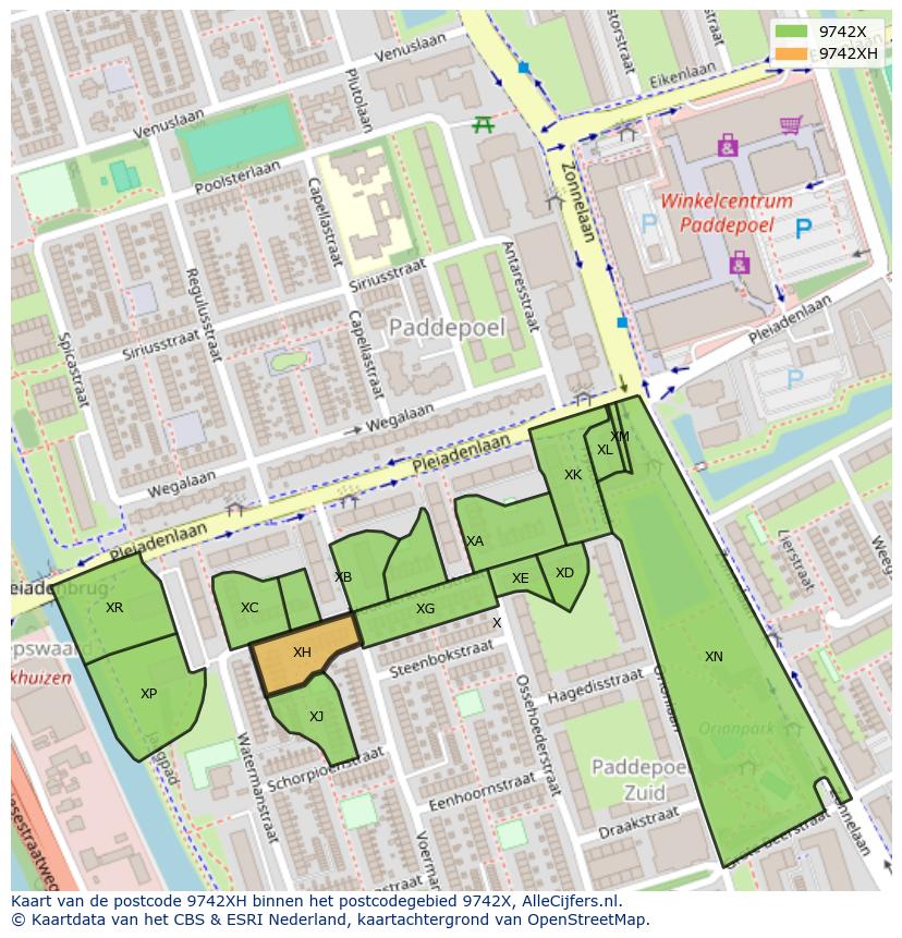 Afbeelding van het postcodegebied 9742 XH op de kaart.
