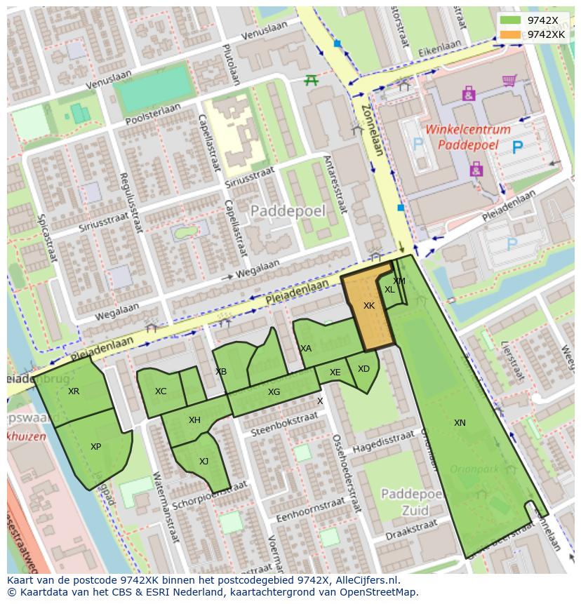 Afbeelding van het postcodegebied 9742 XK op de kaart.