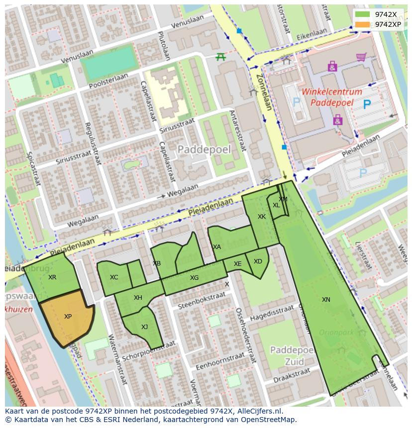 Afbeelding van het postcodegebied 9742 XP op de kaart.