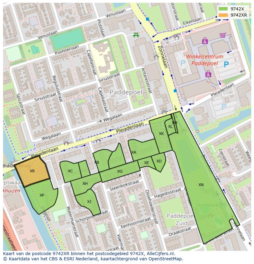 Afbeelding van het postcodegebied 9742 XR op de kaart.