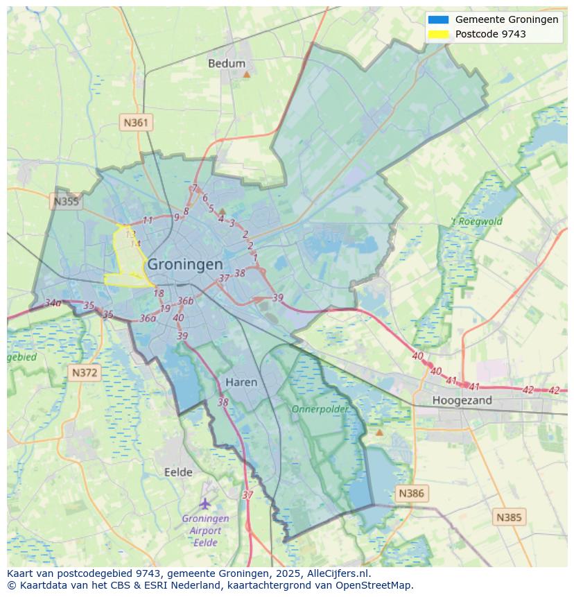 Afbeelding van het postcodegebied 9743 op de kaart.