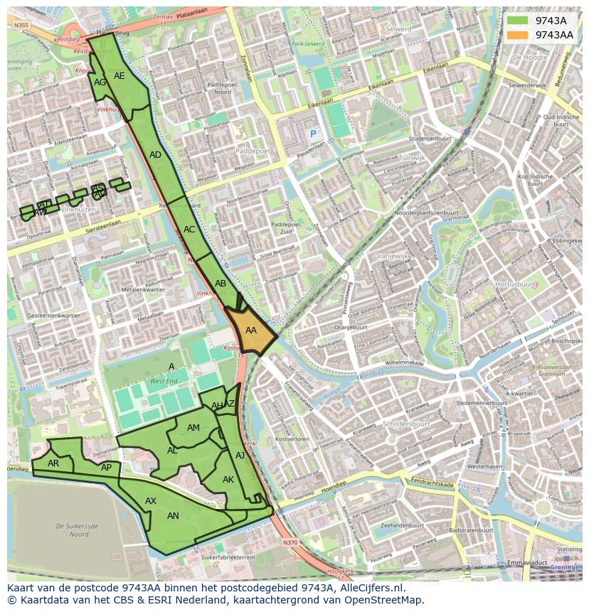 Afbeelding van het postcodegebied 9743 AA op de kaart.