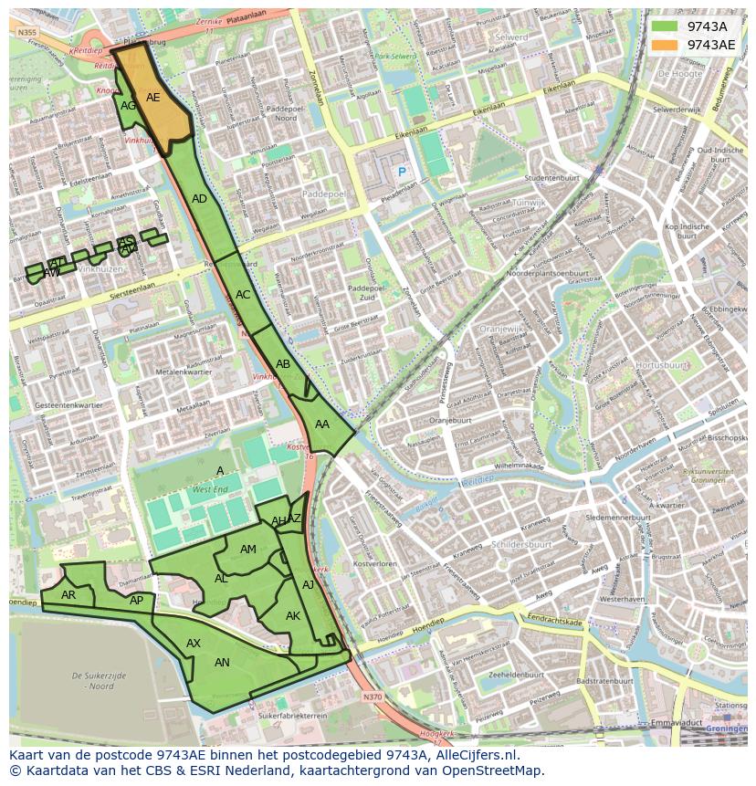 Afbeelding van het postcodegebied 9743 AE op de kaart.
