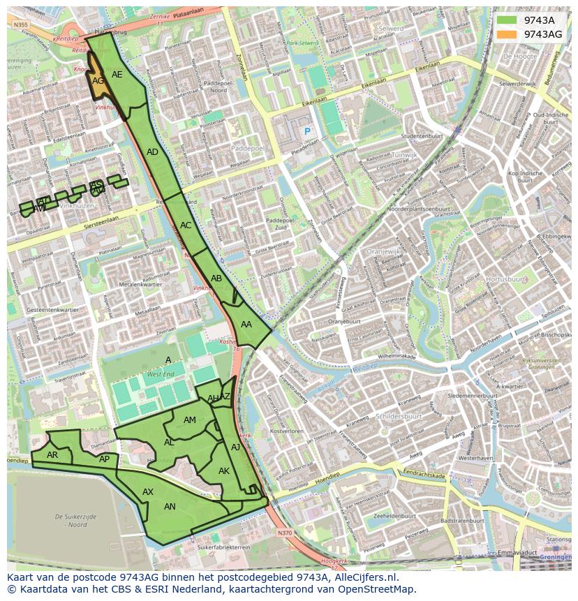 Afbeelding van het postcodegebied 9743 AG op de kaart.