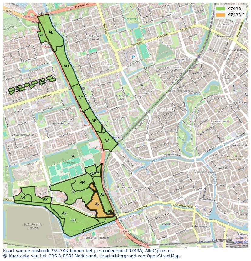 Afbeelding van het postcodegebied 9743 AK op de kaart.