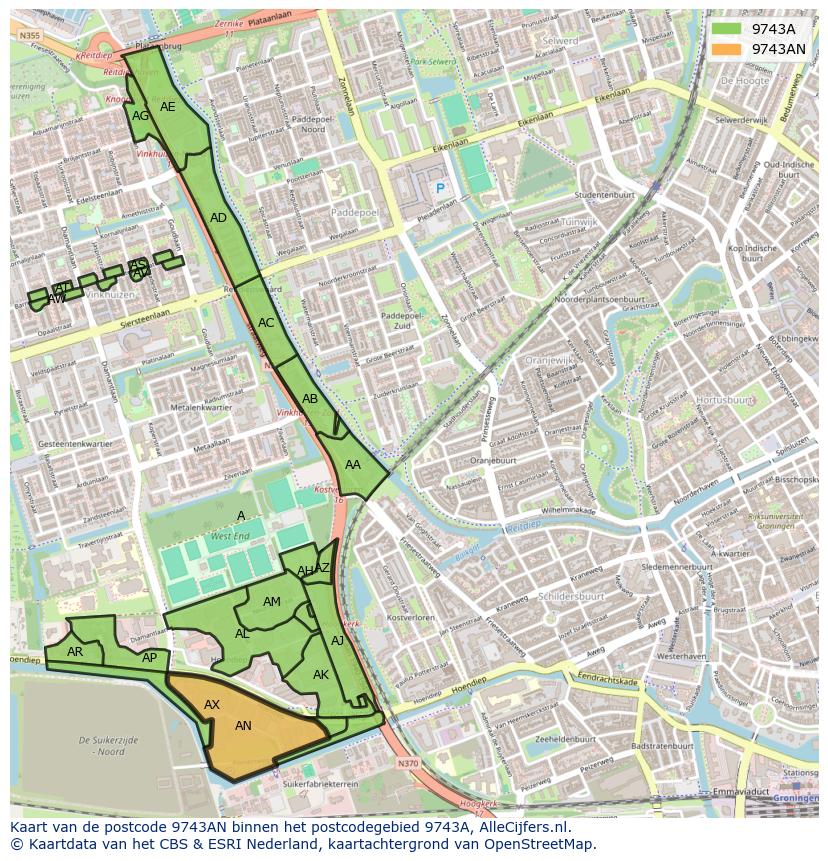 Afbeelding van het postcodegebied 9743 AN op de kaart.