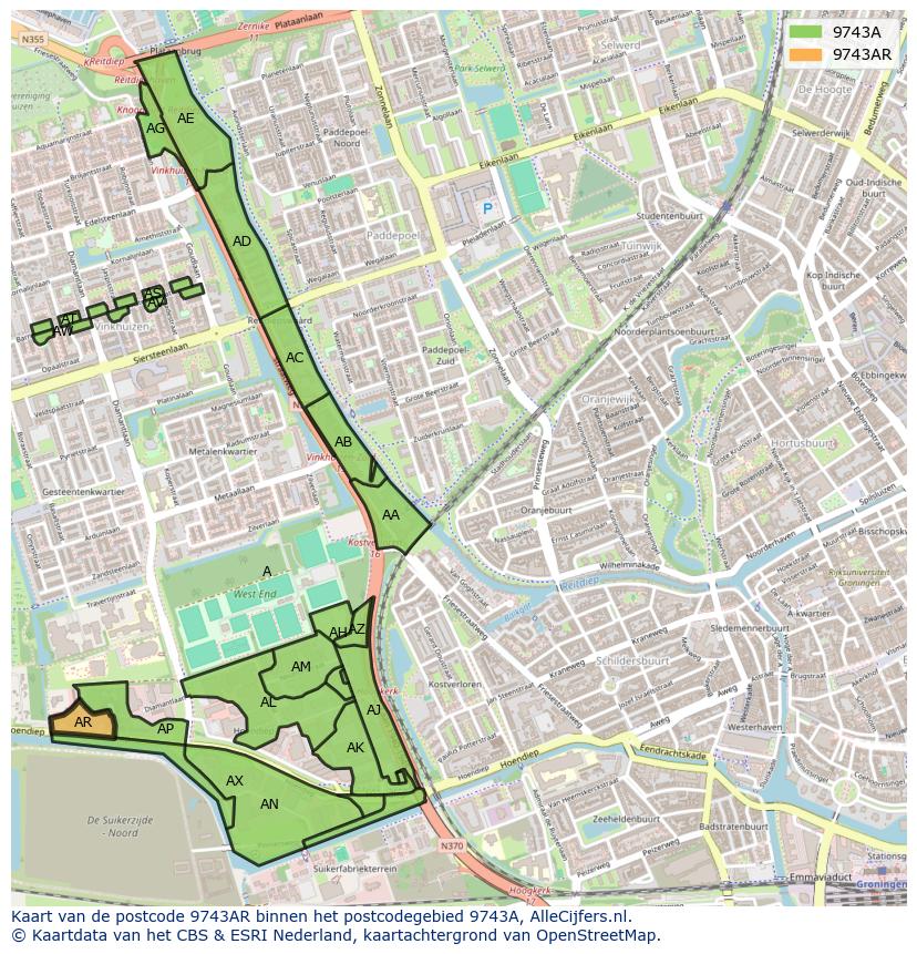 Afbeelding van het postcodegebied 9743 AR op de kaart.