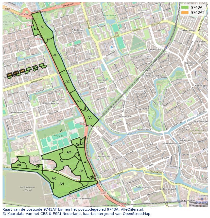 Afbeelding van het postcodegebied 9743 AT op de kaart.