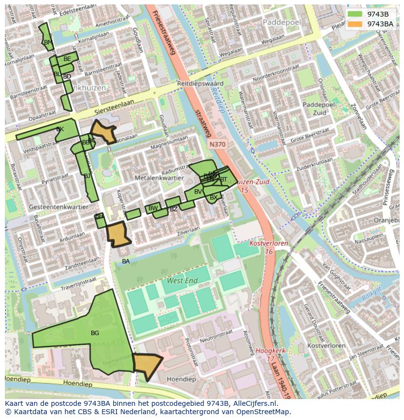 Afbeelding van het postcodegebied 9743 BA op de kaart.
