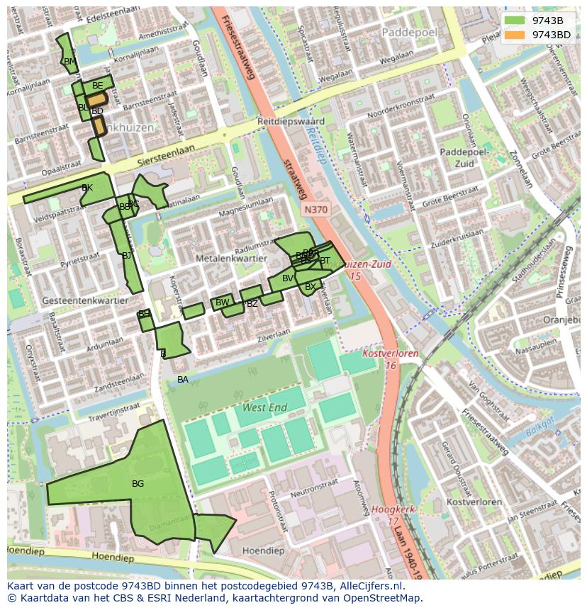 Afbeelding van het postcodegebied 9743 BD op de kaart.