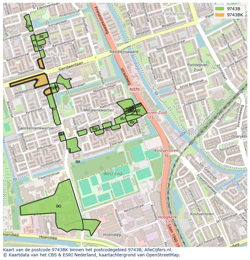 Afbeelding van het postcodegebied 9743 BK op de kaart.