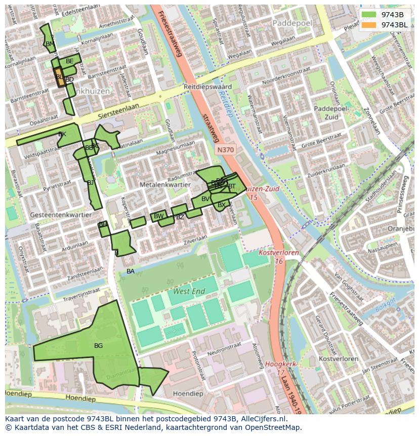 Afbeelding van het postcodegebied 9743 BL op de kaart.