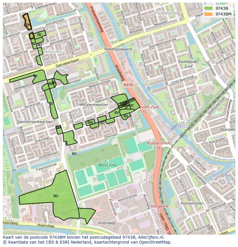 Afbeelding van het postcodegebied 9743 BM op de kaart.