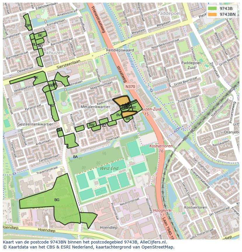 Afbeelding van het postcodegebied 9743 BN op de kaart.