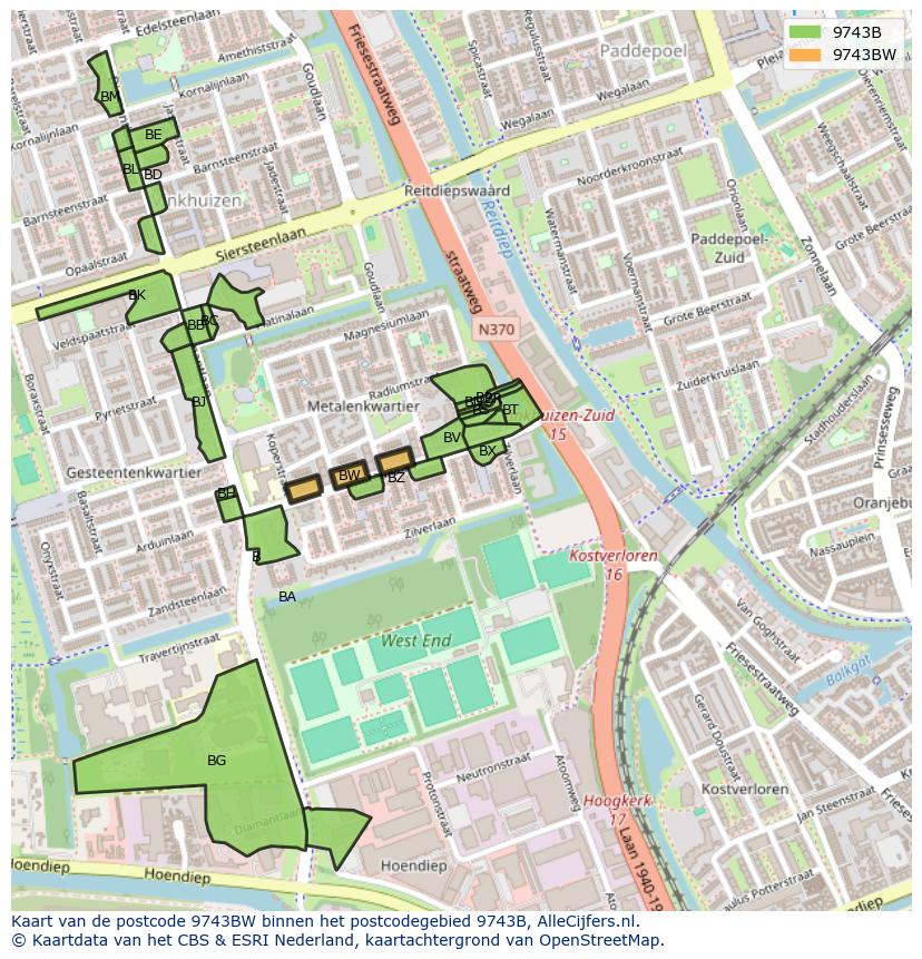 Afbeelding van het postcodegebied 9743 BW op de kaart.