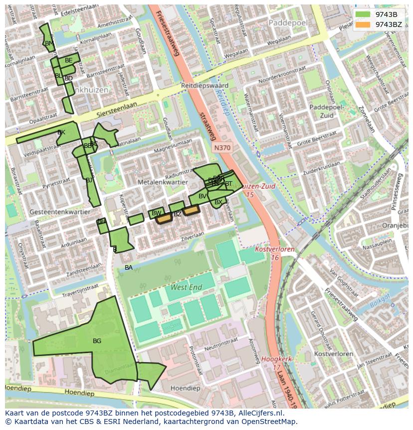 Afbeelding van het postcodegebied 9743 BZ op de kaart.