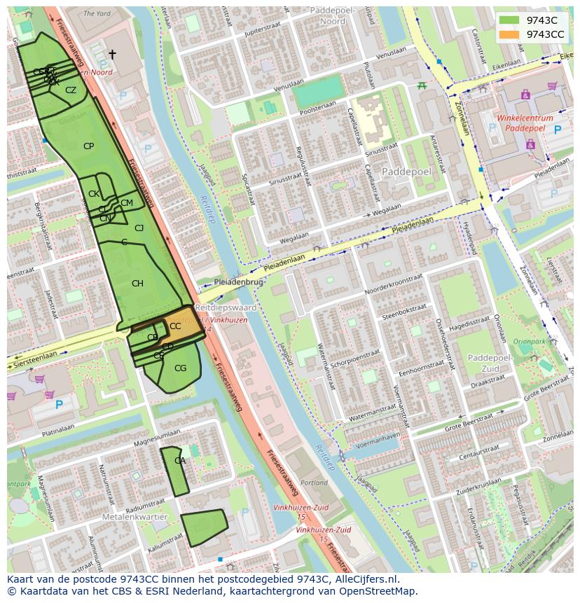 Afbeelding van het postcodegebied 9743 CC op de kaart.