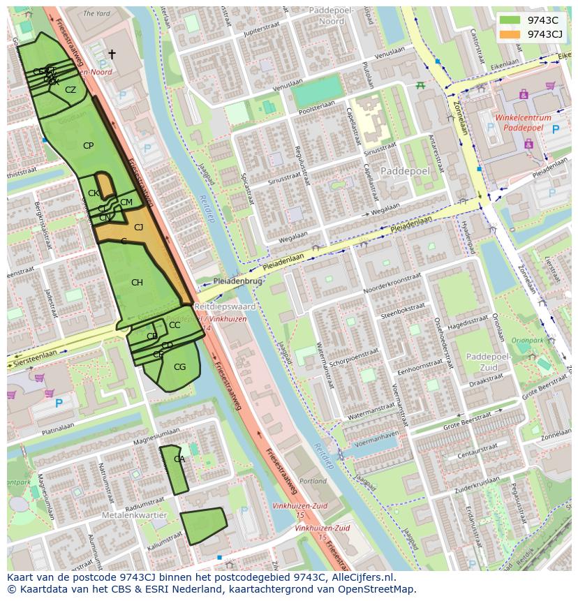 Afbeelding van het postcodegebied 9743 CJ op de kaart.