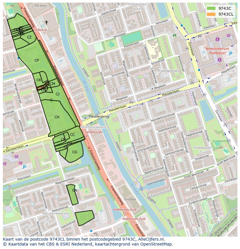 Afbeelding van het postcodegebied 9743 CL op de kaart.