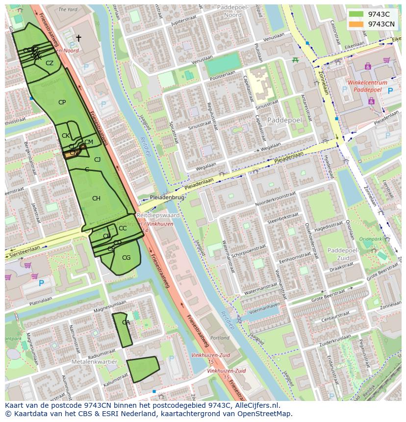 Afbeelding van het postcodegebied 9743 CN op de kaart.
