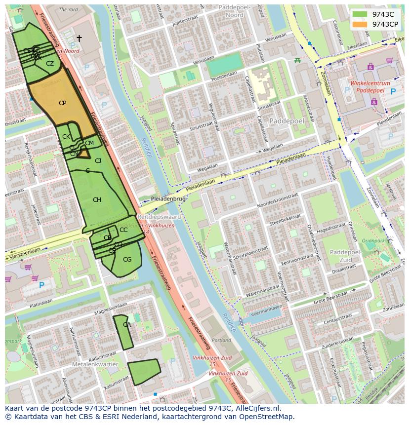 Afbeelding van het postcodegebied 9743 CP op de kaart.