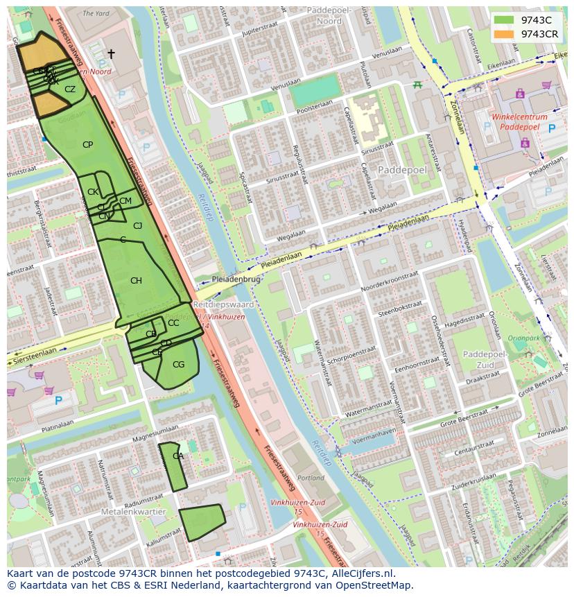 Afbeelding van het postcodegebied 9743 CR op de kaart.