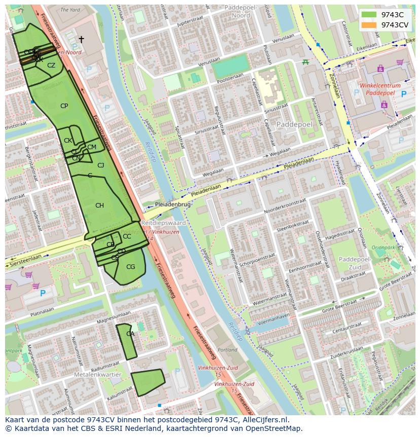 Afbeelding van het postcodegebied 9743 CV op de kaart.