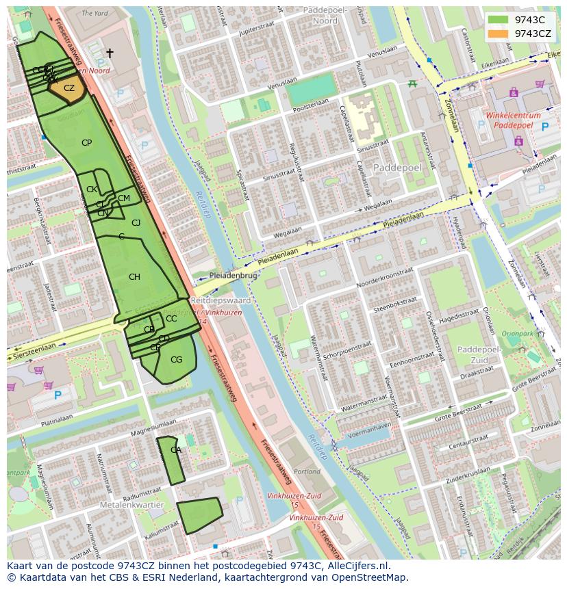 Afbeelding van het postcodegebied 9743 CZ op de kaart.