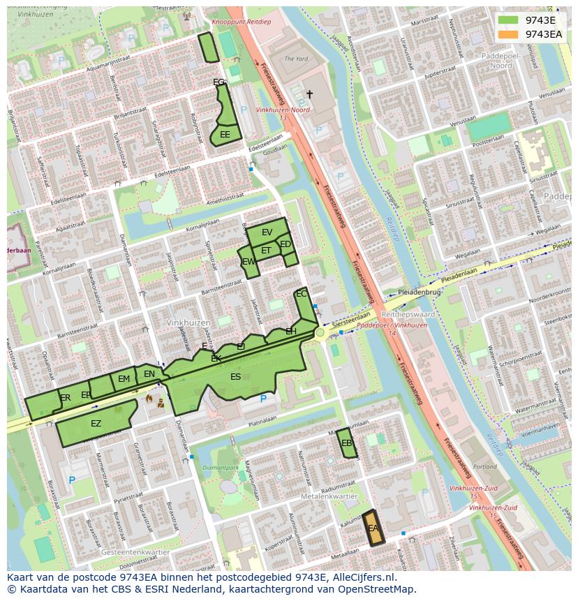 Afbeelding van het postcodegebied 9743 EA op de kaart.