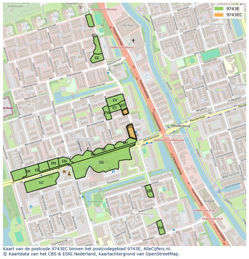 Afbeelding van het postcodegebied 9743 EC op de kaart.
