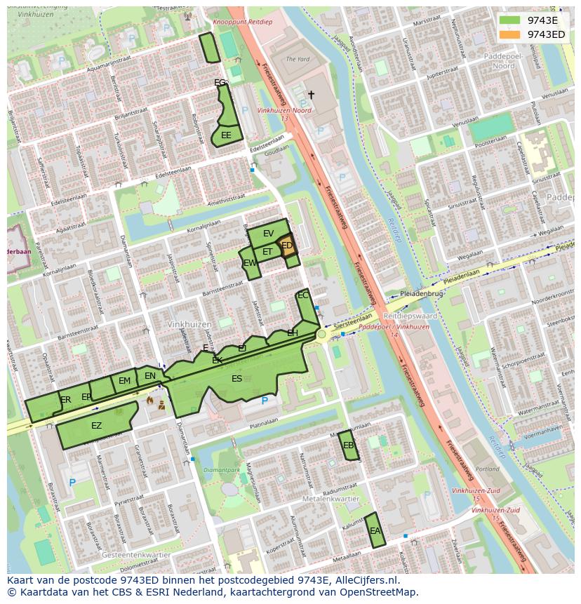 Afbeelding van het postcodegebied 9743 ED op de kaart.