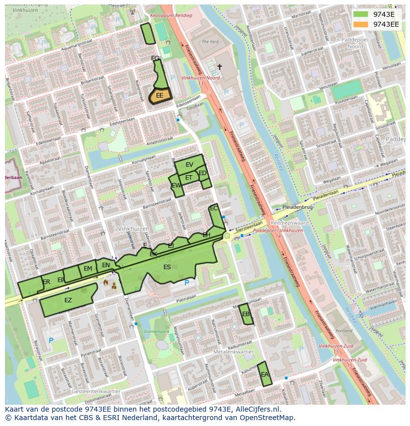 Afbeelding van het postcodegebied 9743 EE op de kaart.
