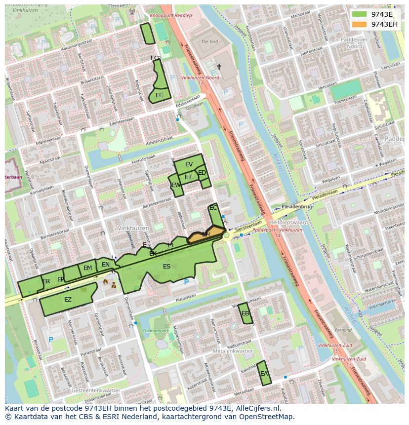Afbeelding van het postcodegebied 9743 EH op de kaart.