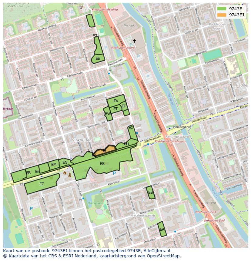 Afbeelding van het postcodegebied 9743 EJ op de kaart.