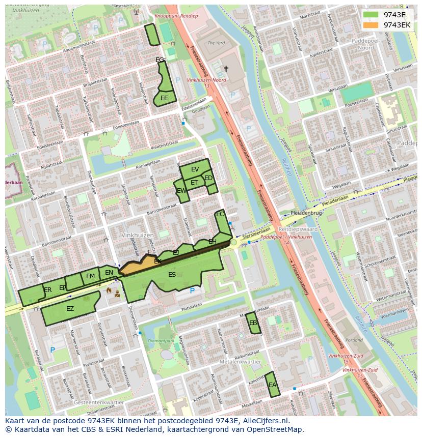 Afbeelding van het postcodegebied 9743 EK op de kaart.