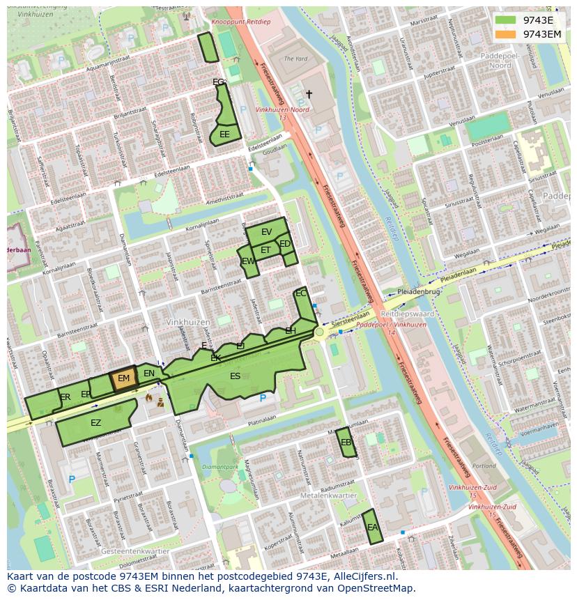 Afbeelding van het postcodegebied 9743 EM op de kaart.