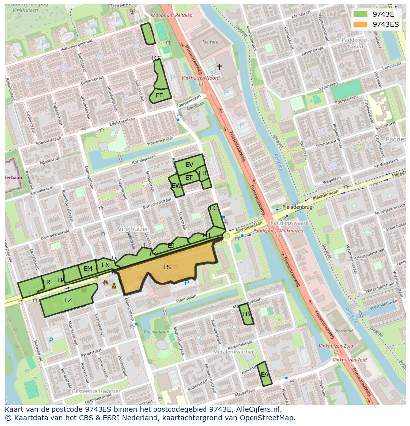 Afbeelding van het postcodegebied 9743 ES op de kaart.