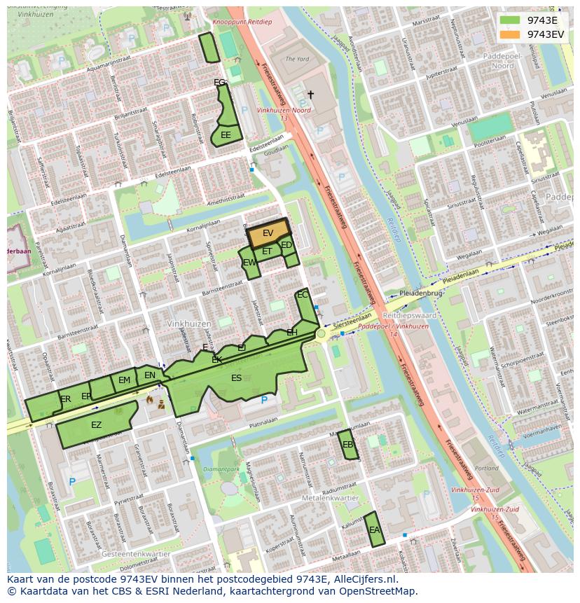 Afbeelding van het postcodegebied 9743 EV op de kaart.