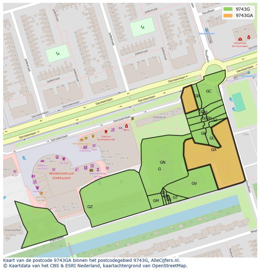 Afbeelding van het postcodegebied 9743 GA op de kaart.