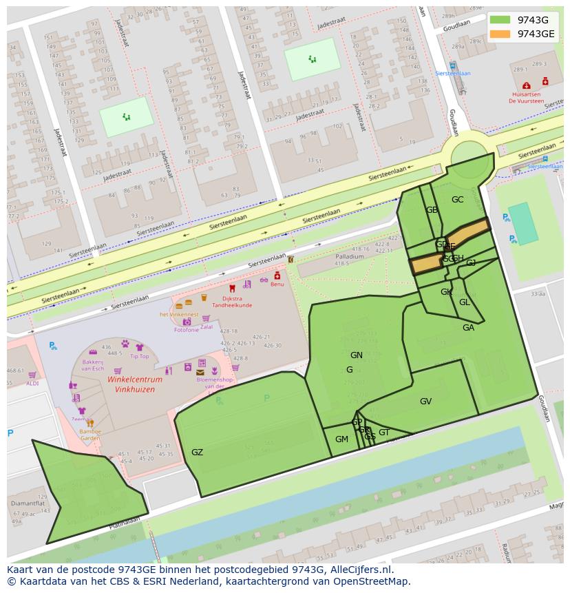 Afbeelding van het postcodegebied 9743 GE op de kaart.